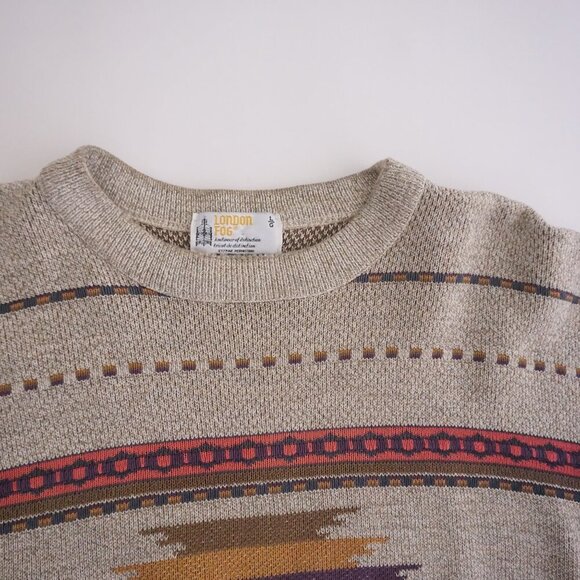 Vintage '90s London Fog Taupe Purple Aztec Cotton Crewneck Knit Sweater Large - Picture 10 of 10